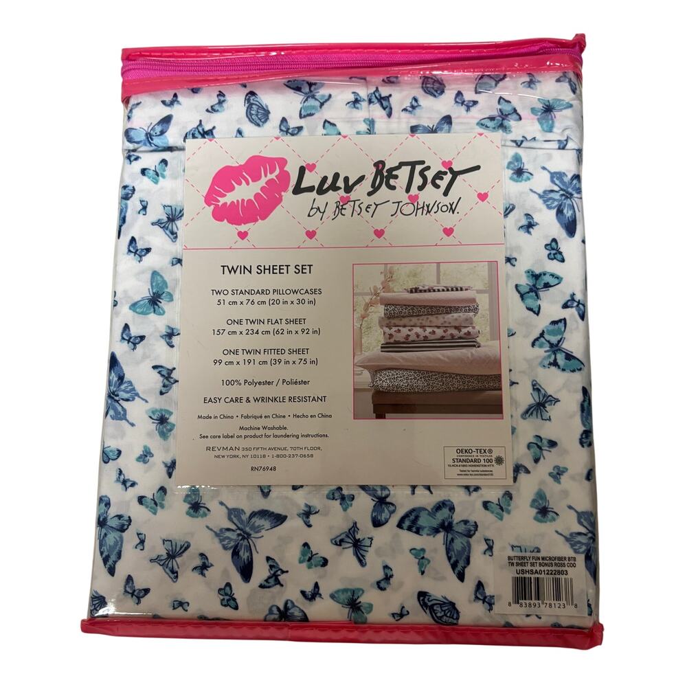 Betsey Johnson Butterfly Twin Sheet Set 4 Piece Microfiber Blue White NIP New - Picture 3 of 7